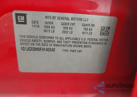 2015 Chevrolet Sonic Lt Auto z USA, uszkodzony, nr VIN 1G1JC6SH8F4140342